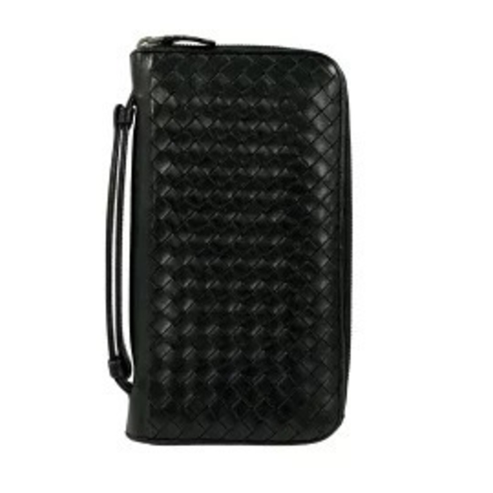 BOTTEGA VENETA Intrecciato Wallet Round Zipper Handle Black Leather